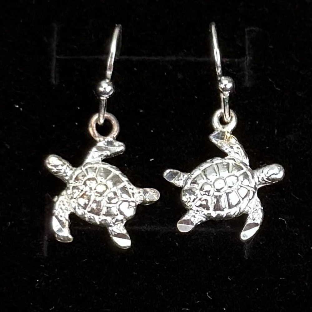 Dainty Silvertone Turtle Dangle Pierced Earrings - image 1